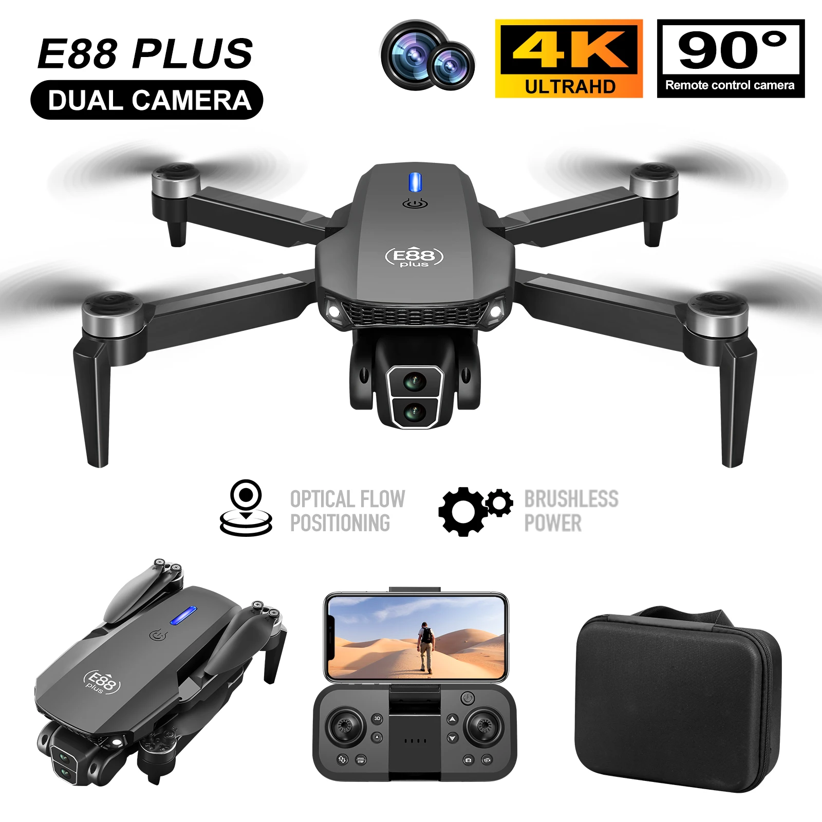 Drone Camera 4K - โดรนโดรน E88 Plus ใหม่: 90 °